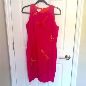 Talbots pink sheath dress with orange dragon fly embroidered print size 8